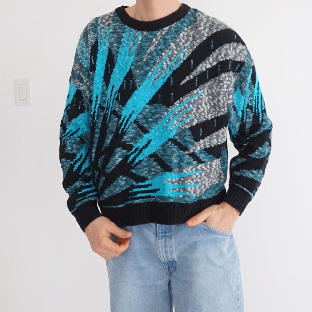 Vintage Quattro Black Teal Abstract Knit Crewneck Sweater Pattern Texture M
